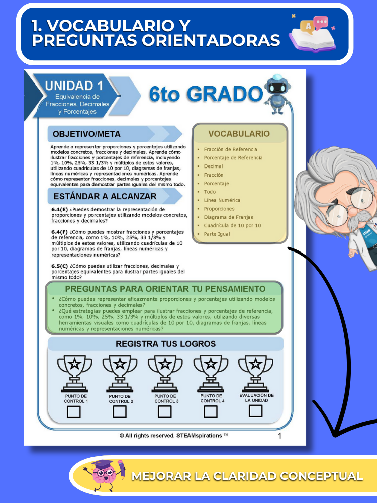 ¡Mathtástico! 6to Grado Unidad 1: Equivalencia de Fracciones, Decimales y Porcentajes - Libro Electrónico