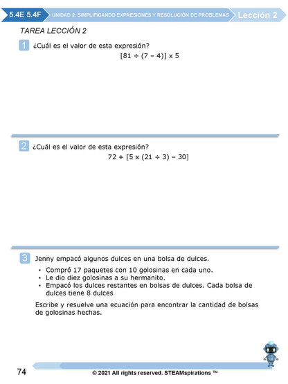 ¡Mathtástico! 5to Grado Unidad 2: SIMPLIFICACIÓN DE EXPRESIONES Y RESOLUCIÓN DE PROBLEMAS - Libro Electrónico