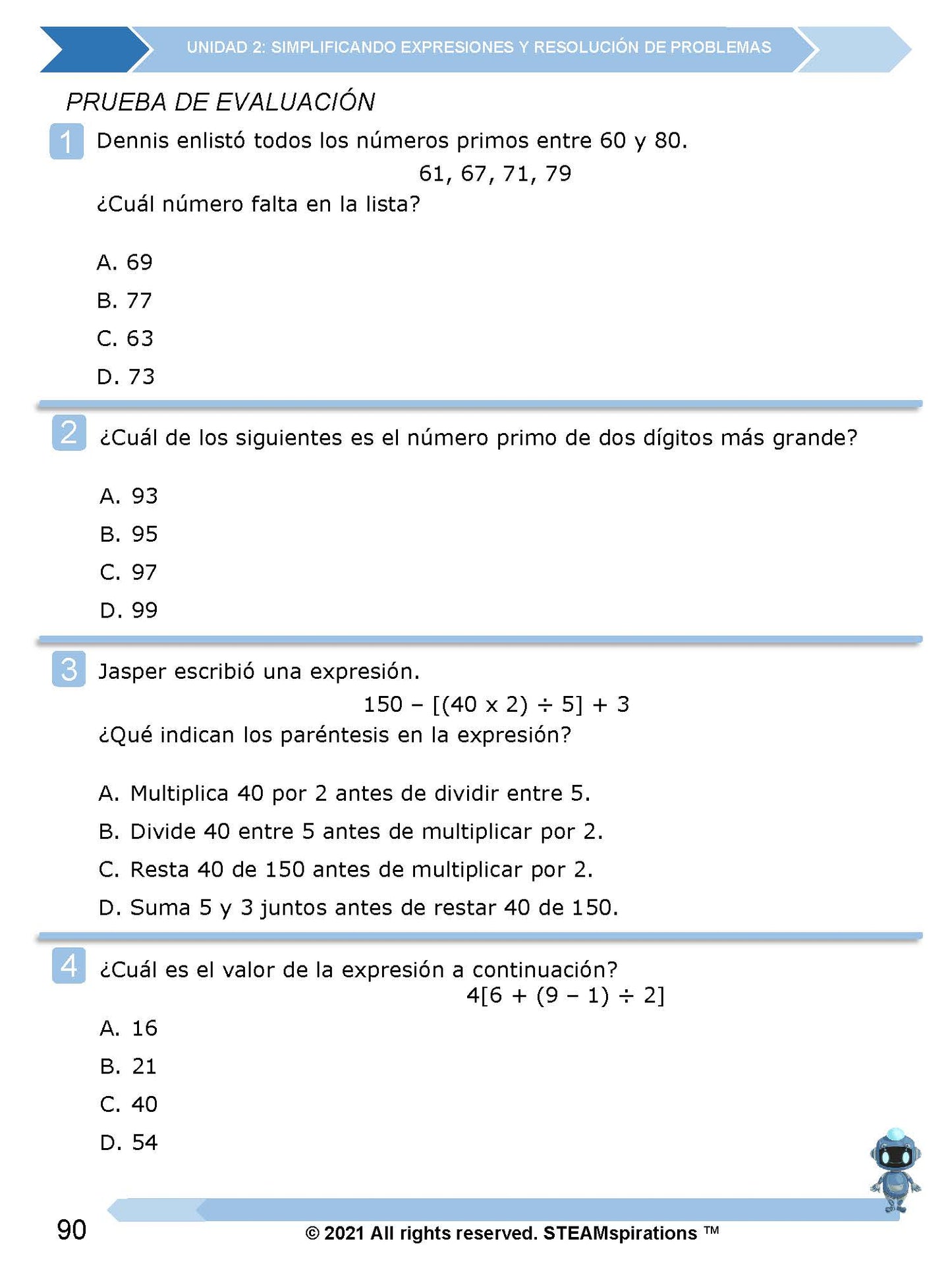 ¡Mathtástico! 5to Grado Unidad 2: SIMPLIFICACIÓN DE EXPRESIONES Y RESOLUCIÓN DE PROBLEMAS - Libro Electrónico