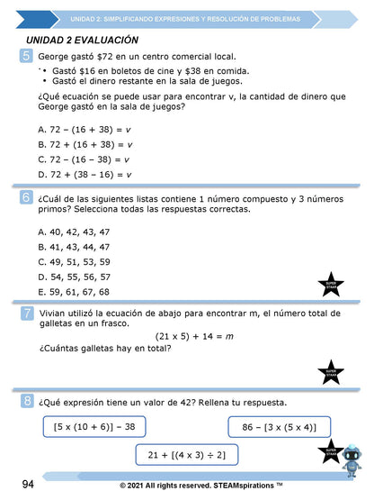 ¡Mathtástico! 5to Grado Unidad 2: SIMPLIFICACIÓN DE EXPRESIONES Y RESOLUCIÓN DE PROBLEMAS - Libro Electrónico