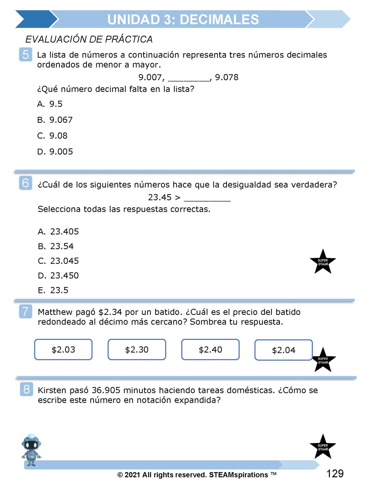 ¡Mathtástico! Paquete de Matemáticas de 5to Grado Unidad 3: DECIMALES - Libro Electrónico