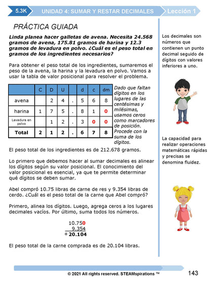 ¡Mathtástico! 5to Grado Unidad 4: SUMAR Y RESTAR DECIMALES - Libro Electrónico