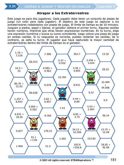 ¡Mathtástico! 5to Grado Unidad 4: SUMAR Y RESTAR DECIMALES - Libro Electrónico