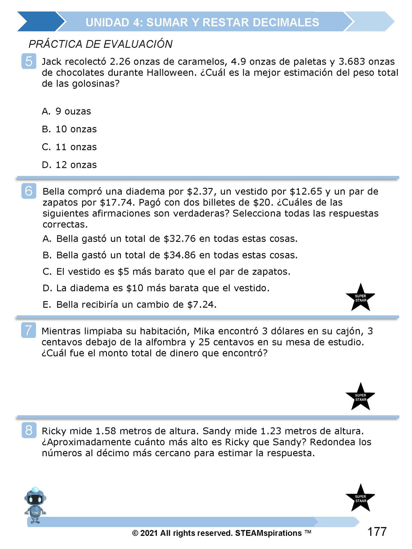 ¡Mathtástico! 5to Grado Unidad 4: SUMAR Y RESTAR DECIMALES - Libro Electrónico