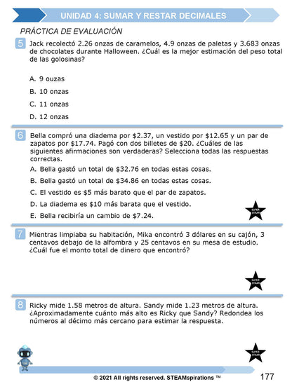 ¡Mathtástico! 5to Grado Unidad 4: SUMAR Y RESTAR DECIMALES - Libro Electrónico