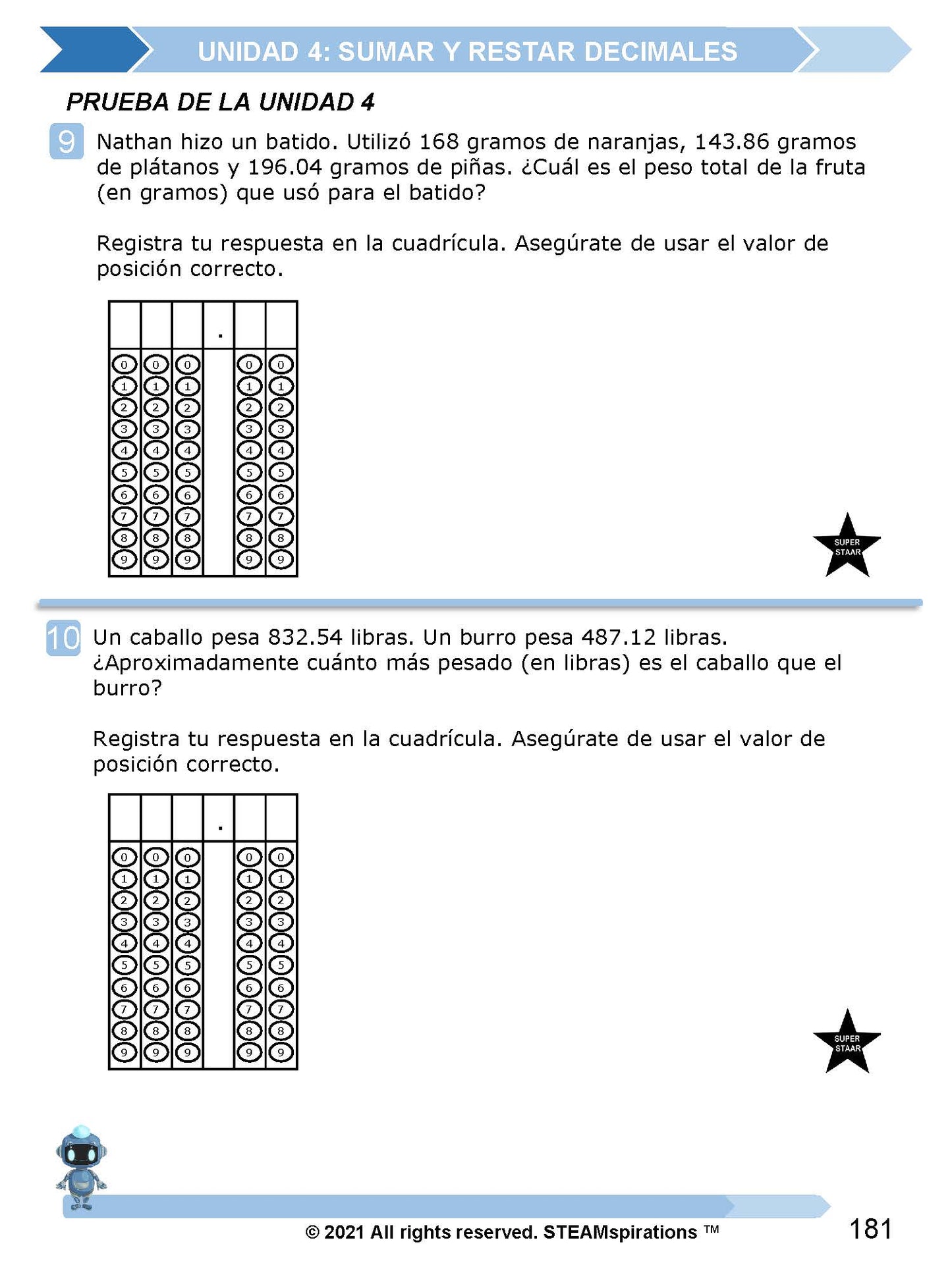 ¡Mathtástico! 5to Grado Unidad 4: SUMAR Y RESTAR DECIMALES - Libro Electrónico