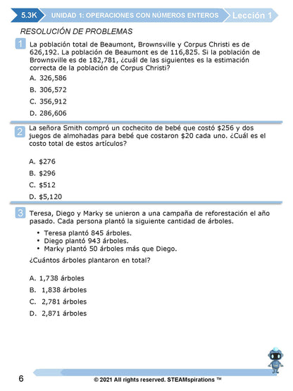 ¡Mathtástico! 5to Grado Unidad 1: OPERACIONES CON NÚMEROS ENTEROS - Libro Electrónico