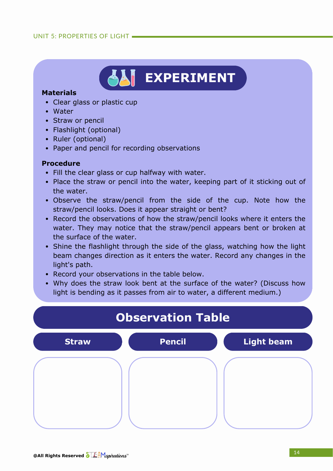 5th Grade Unit 5 – Properties of Light – STEAMspirations Level Up 2.0